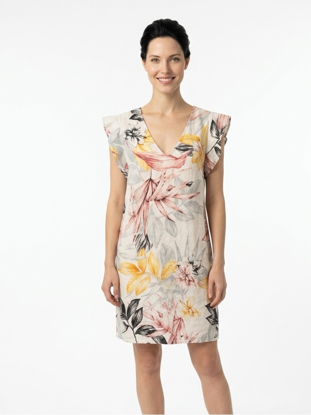 C&C California Floral V-Neck Midi Dress Pink and Yellow Blooms 100% Linen 316